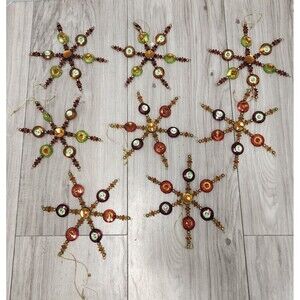 Vintage  Handmade Beaded Star Snowflake Christmas Tree Ornaments Orange Gold 8